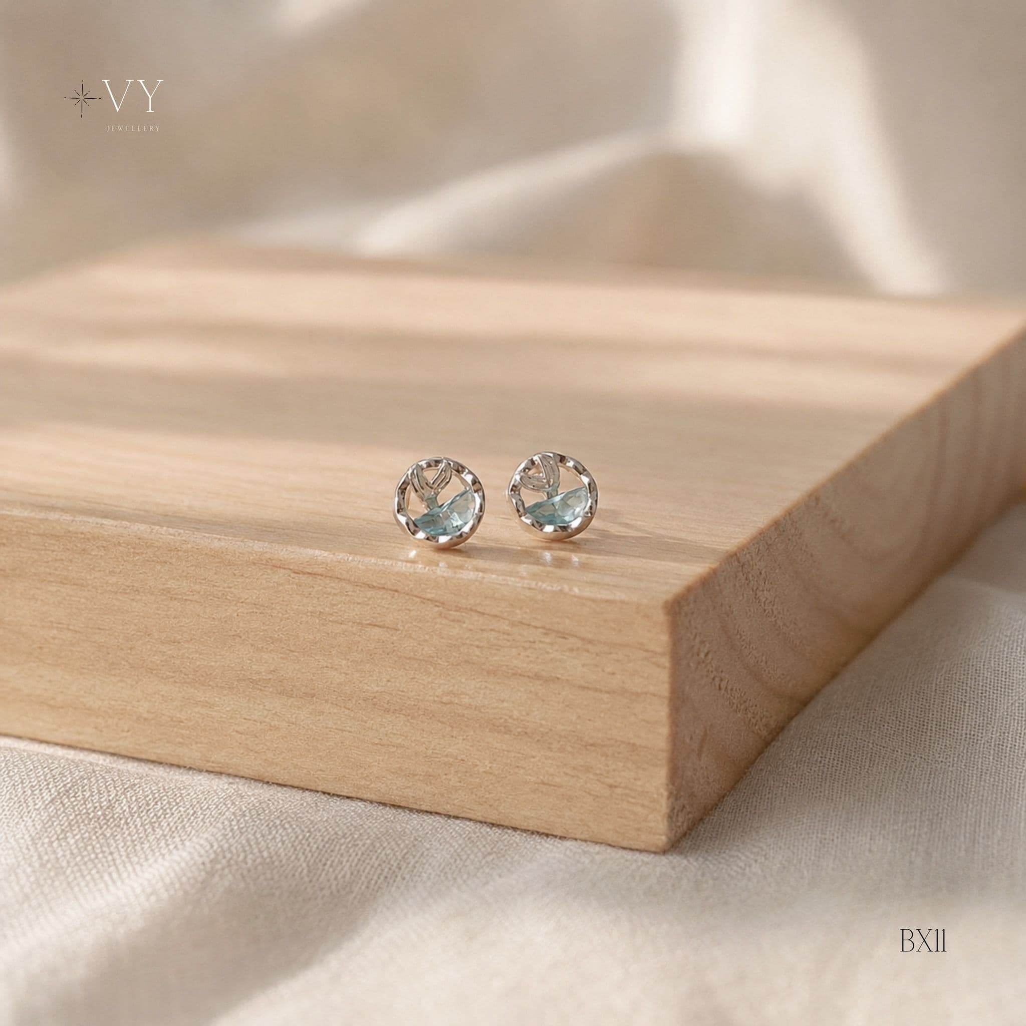 Silver Round Blue Stone Stud Earrings