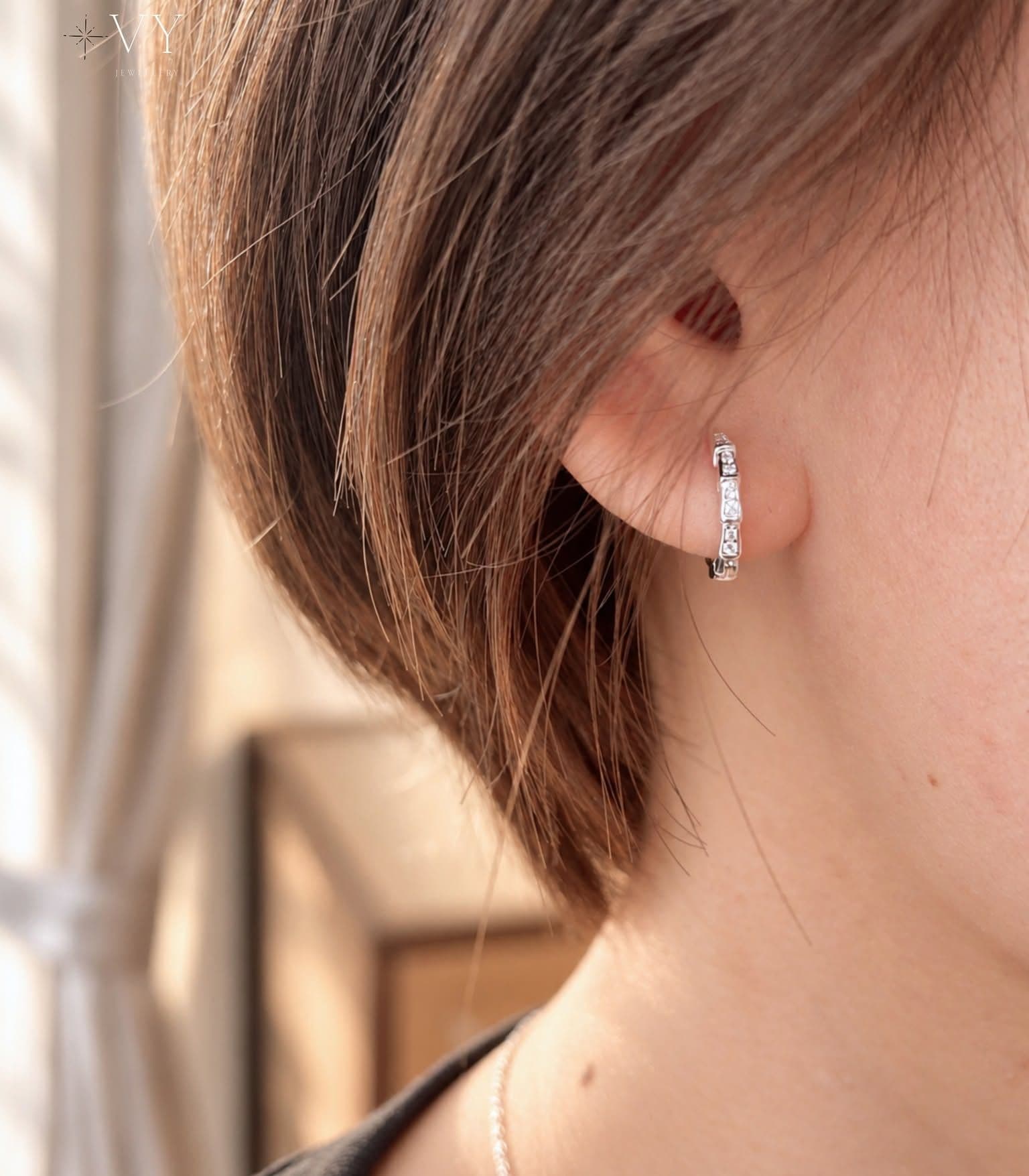 Silver Stone-Set Huggie Hoop Earrings