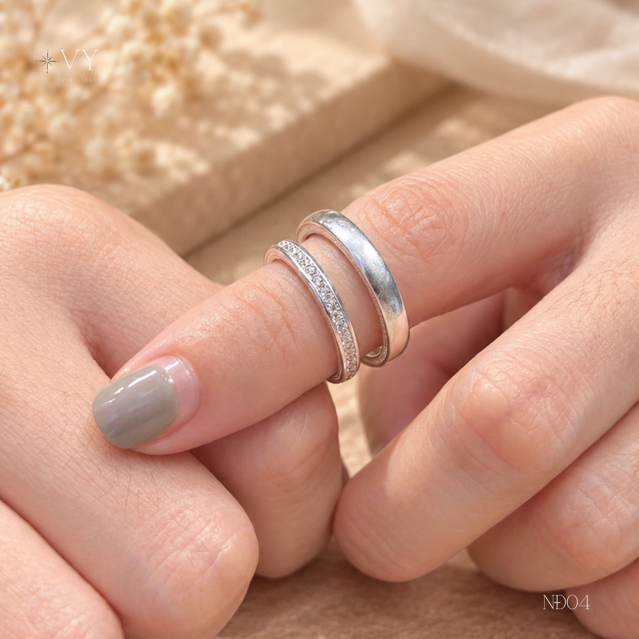 Silver Couple Rings — Plain & Stone-Row