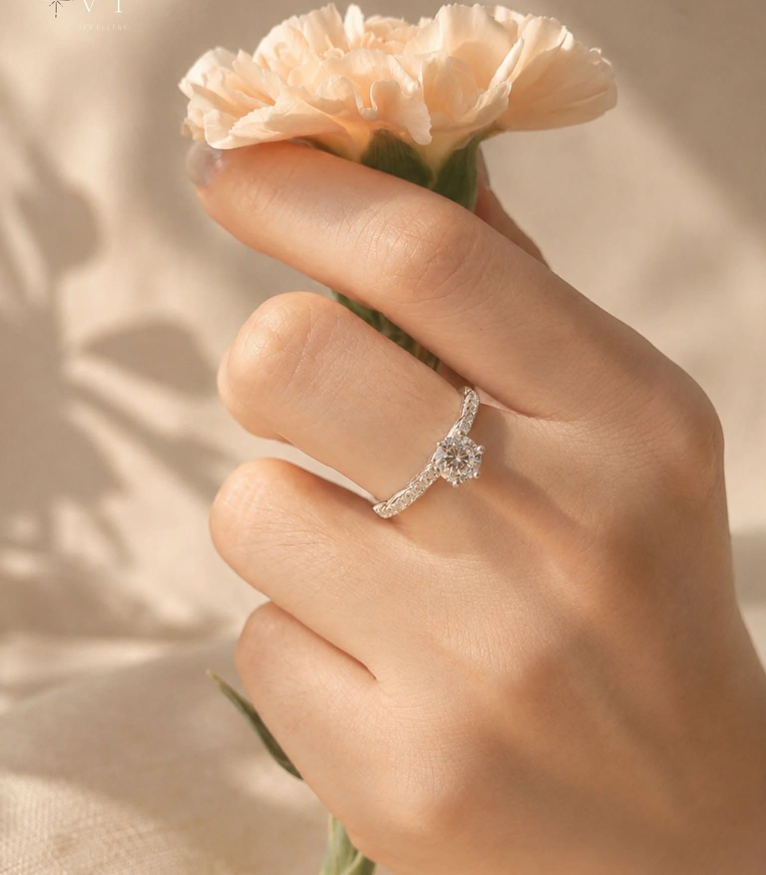 Silver Solitaire Ring with Pavé Band