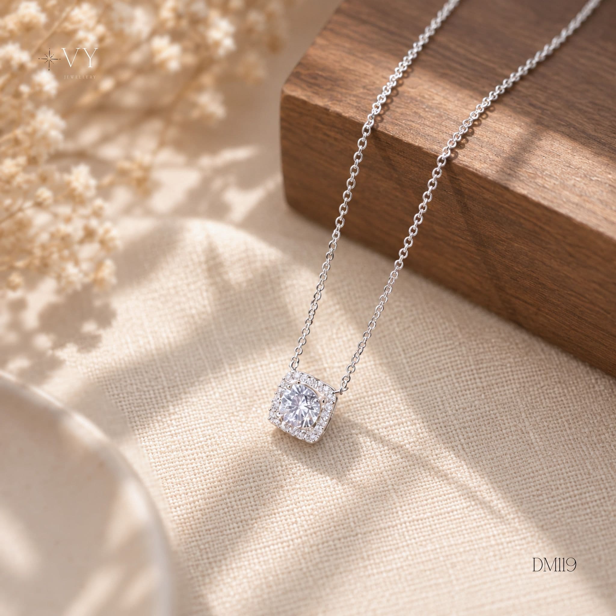 Silver Square Halo Necklace