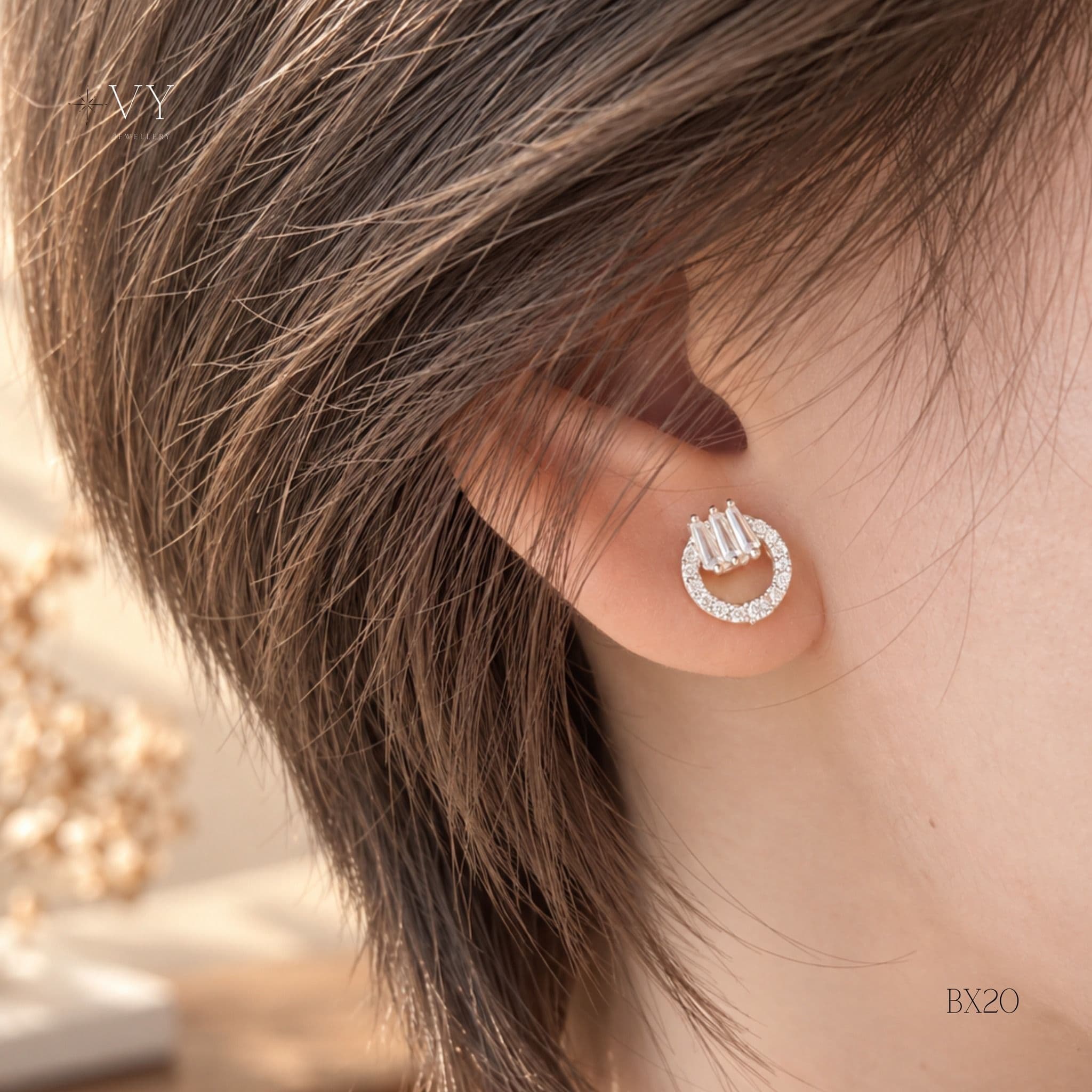 Silver Circle Stud Earrings with Baguette Stones